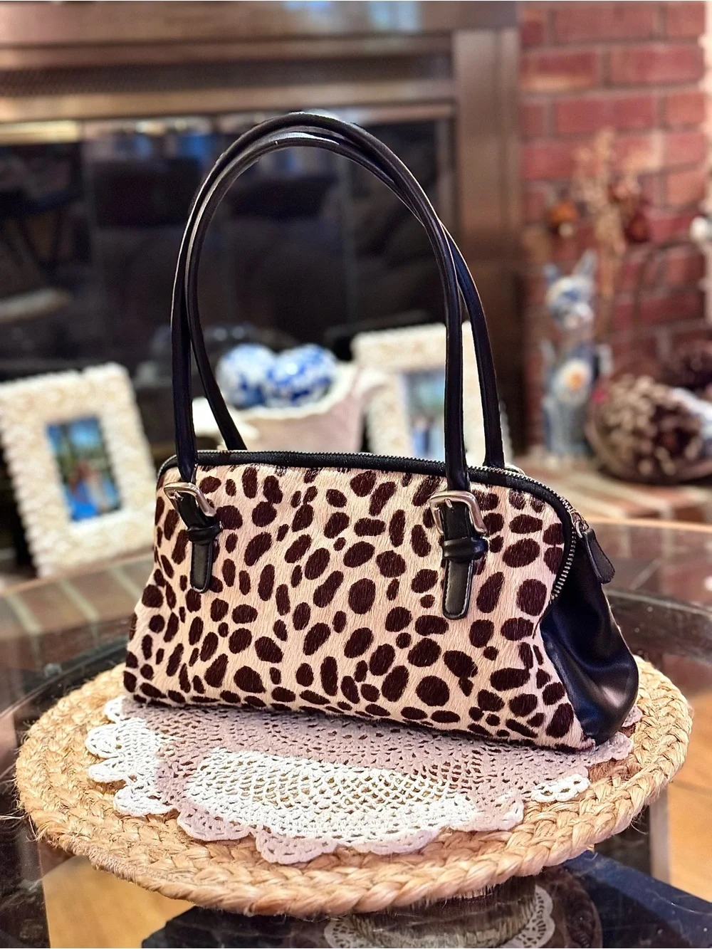 Express Animal Print and Hair Satchel with Black Leather Trim and Handles